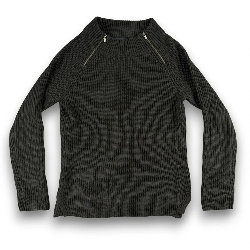 Banana Republic Sweater Mens M Black Ribbed Knit Mock Neck Dual‎ Shoulder Zip